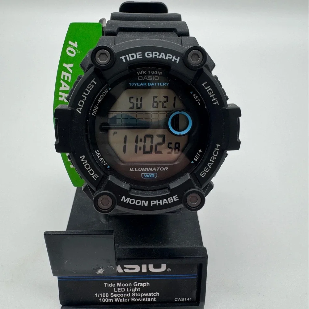 Casio WS-1300H Tide Graph Moon Phase Digital Watch Black 10 Year Battery WR 100M